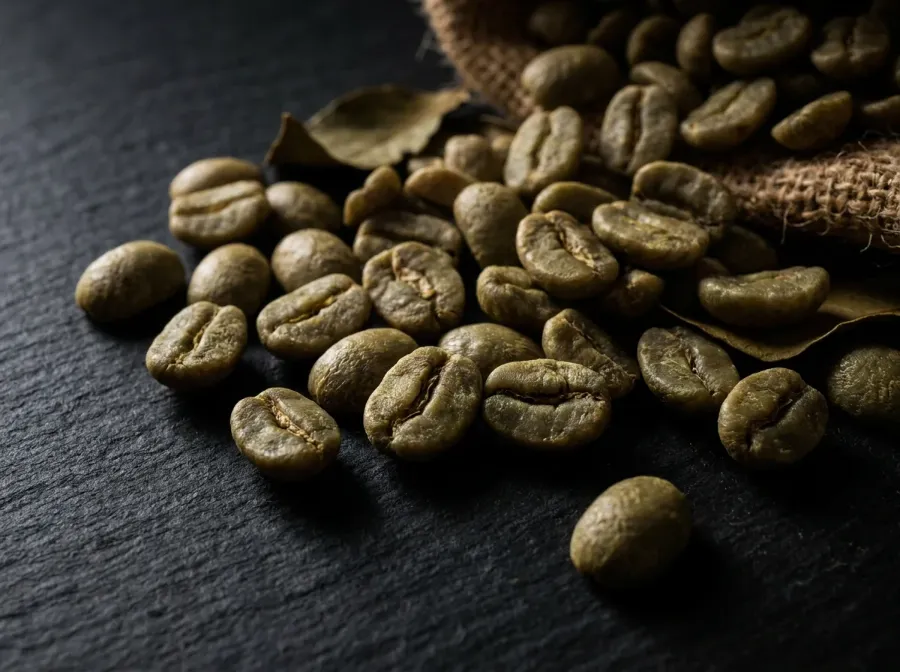 Green coffee beans on a dark stone plate