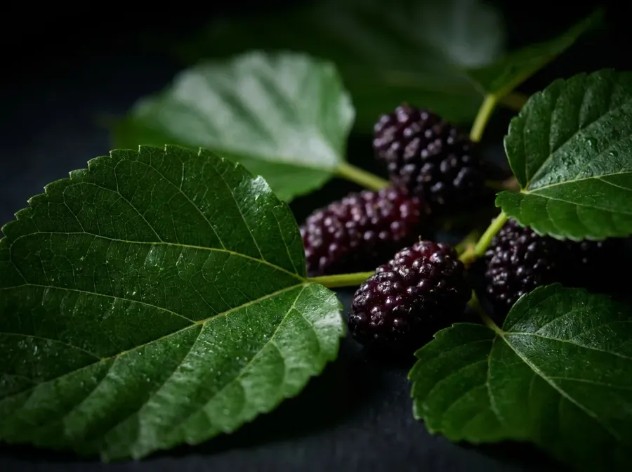 Mulberry leaves with mulberries