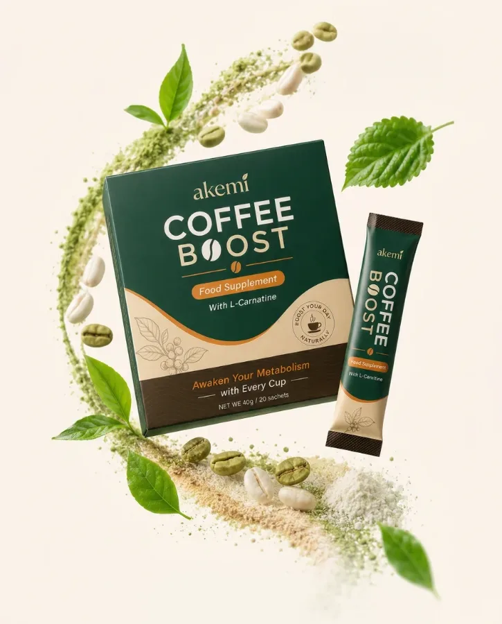 Box and sachet of Akemi Coffee Boost with green coffee beans and leaves
